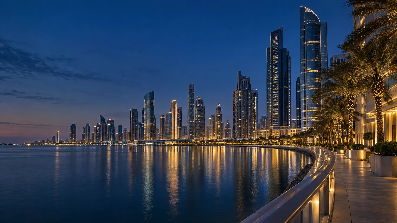 Illustrative modern Gulf waterfront skyline at blue hour